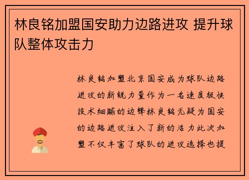 林良铭加盟国安助力边路进攻 提升球队整体攻击力